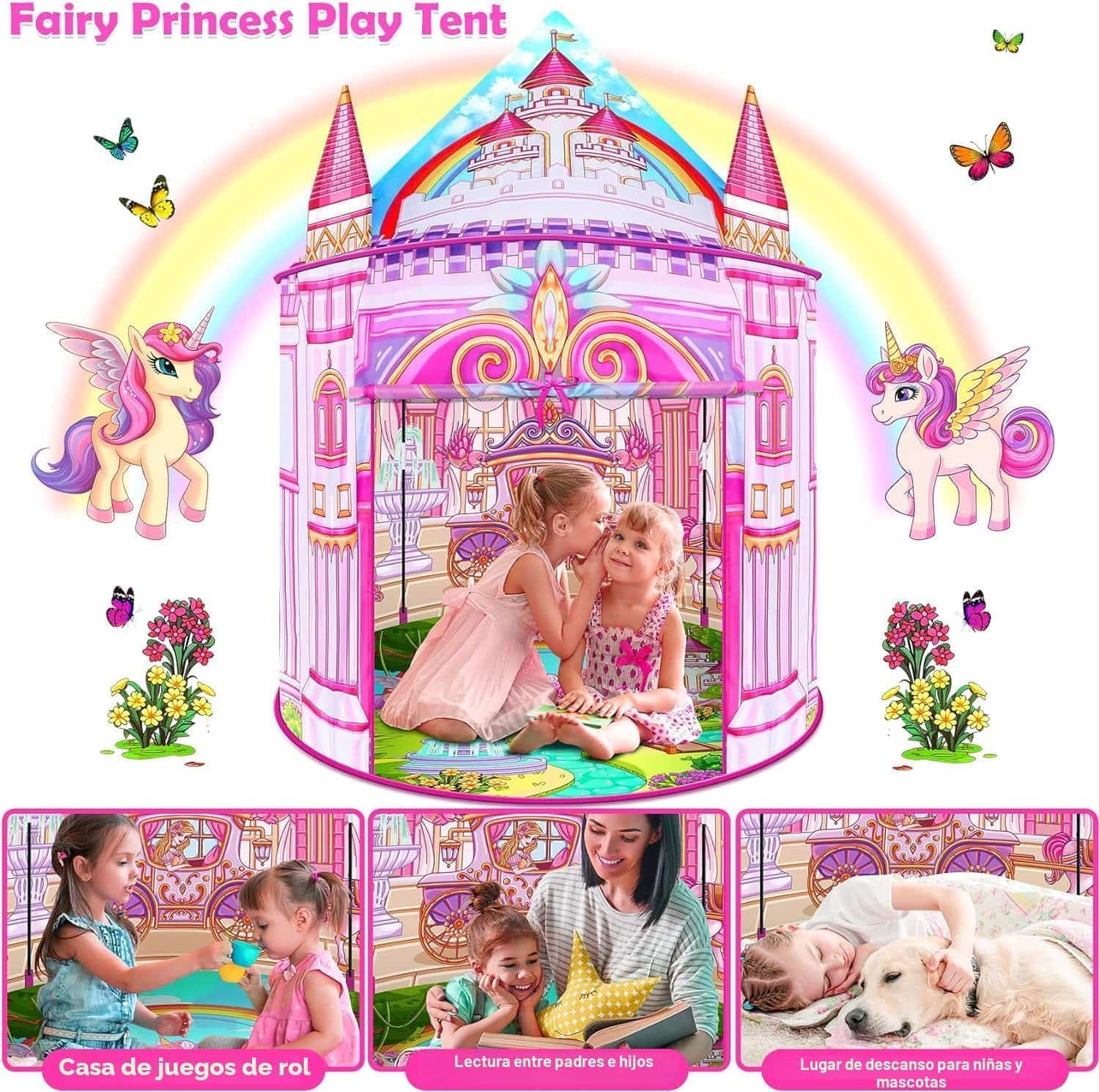 carpa de juego infantil de princesa arcoíris con ventanas de malla para niñas