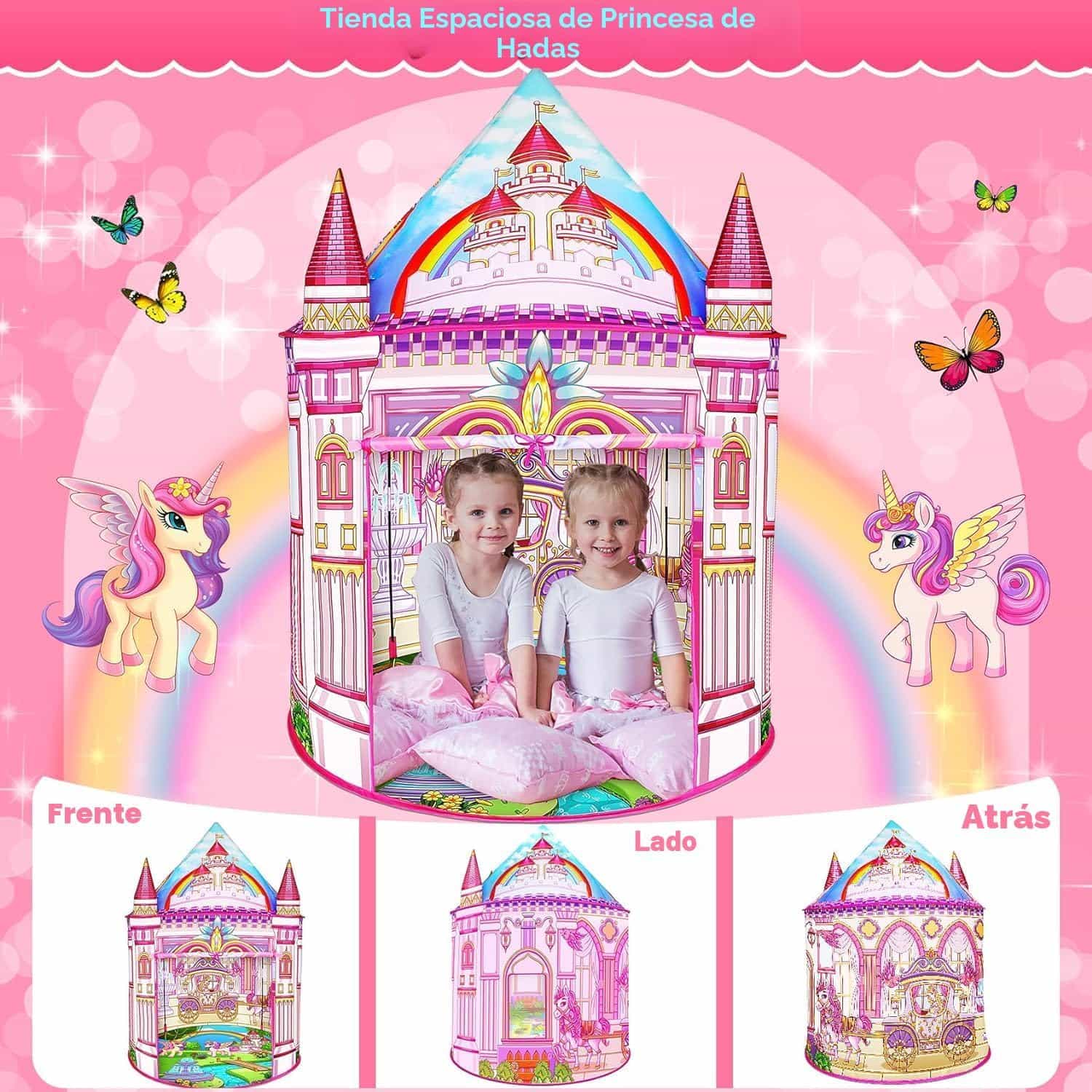 carpa de juego infantil de princesa arcoíris con ventanas de malla para niñas
