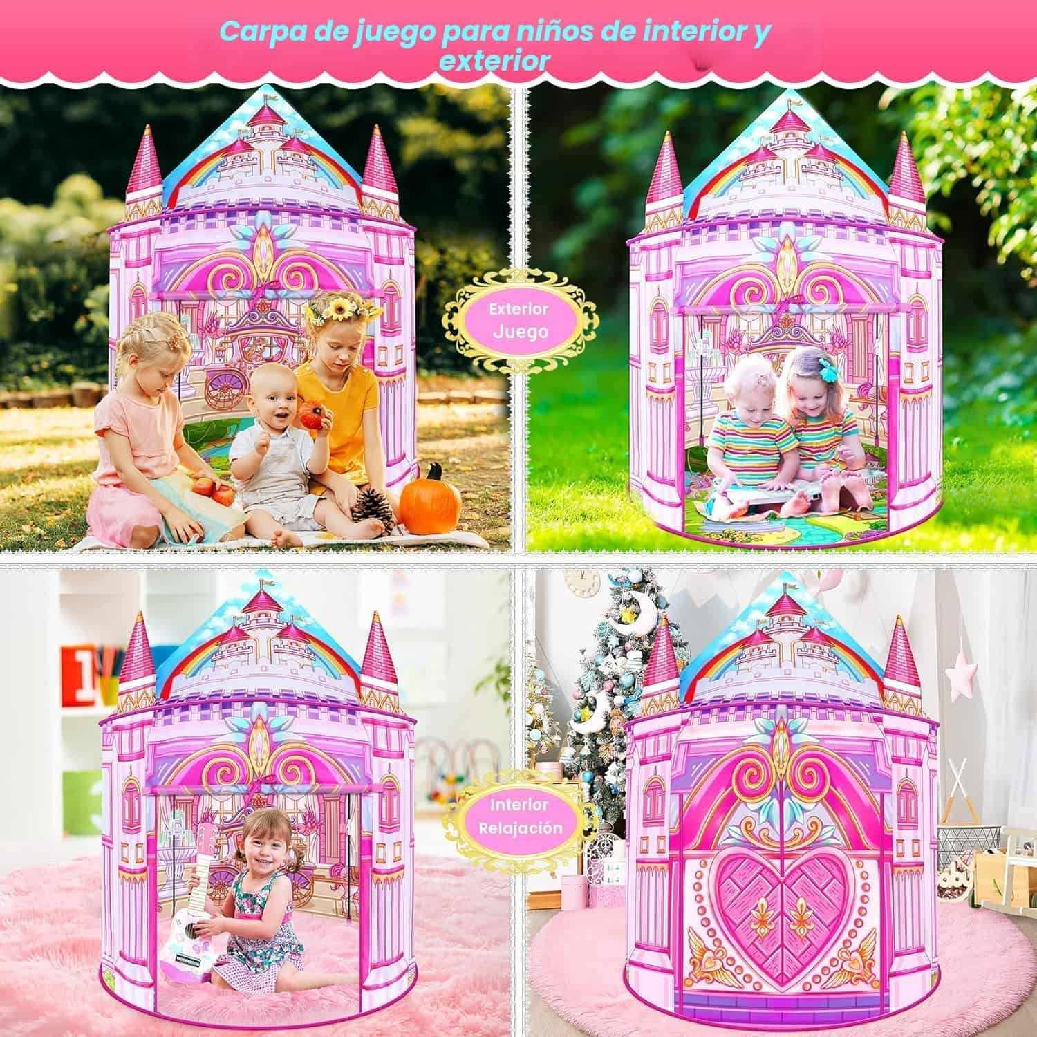 carpa de juego infantil de princesa arcoíris con ventanas de malla para niñas