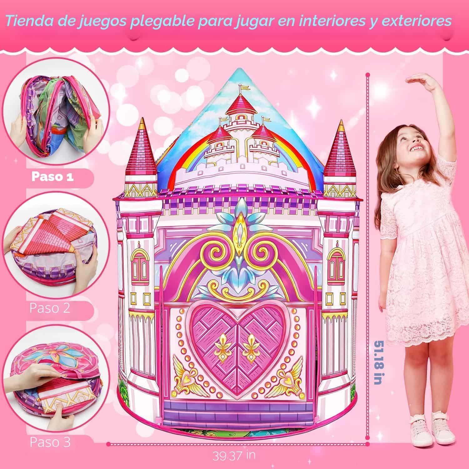 carpa de juego infantil de princesa arcoíris con ventanas de malla para niñas