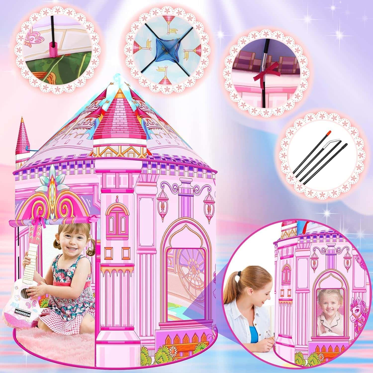 carpa de juego infantil de princesa arcoíris con ventanas de malla para niñas