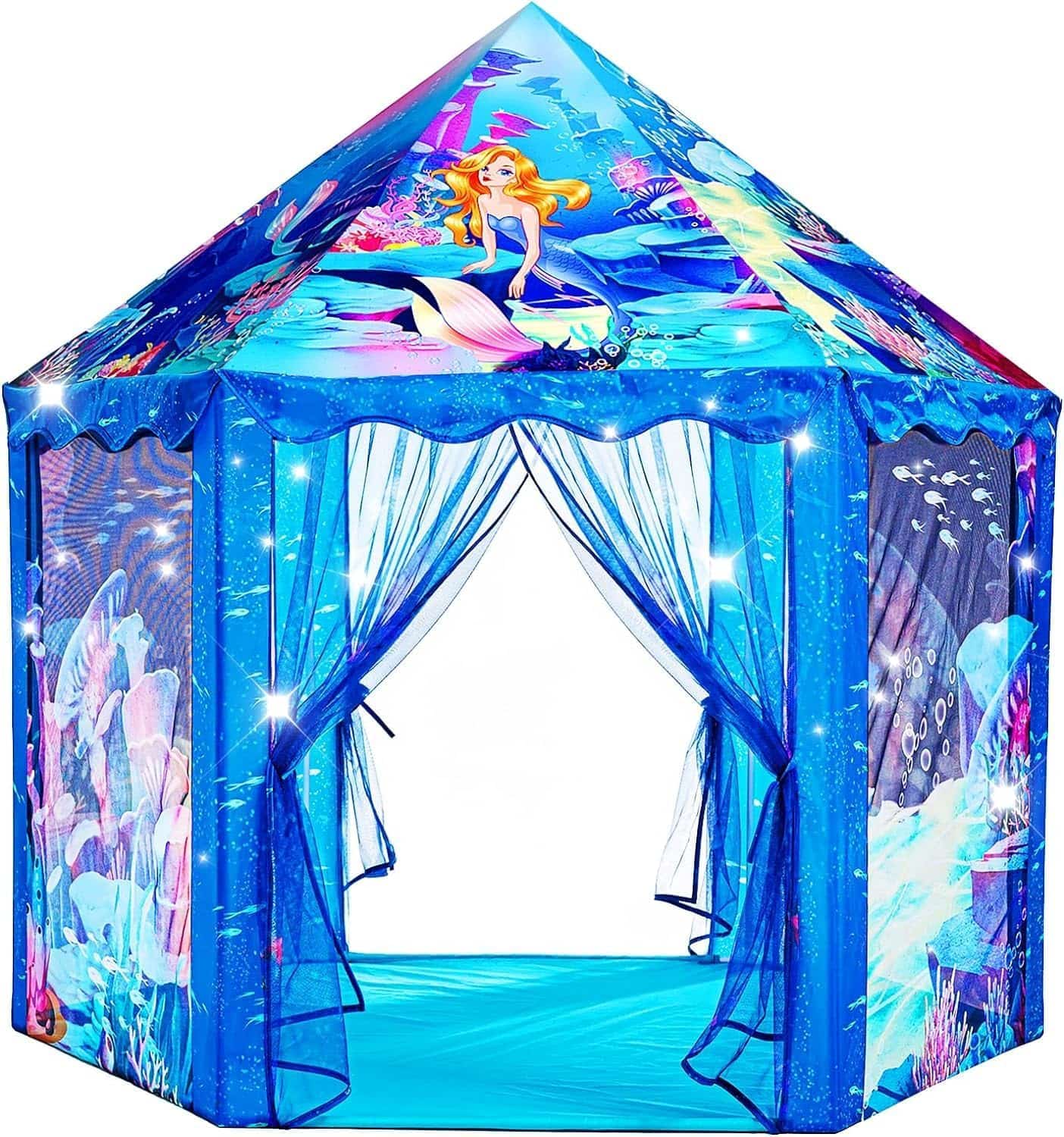 carpa de juego infantil de princesa arcoíris con ventanas de malla para niñas