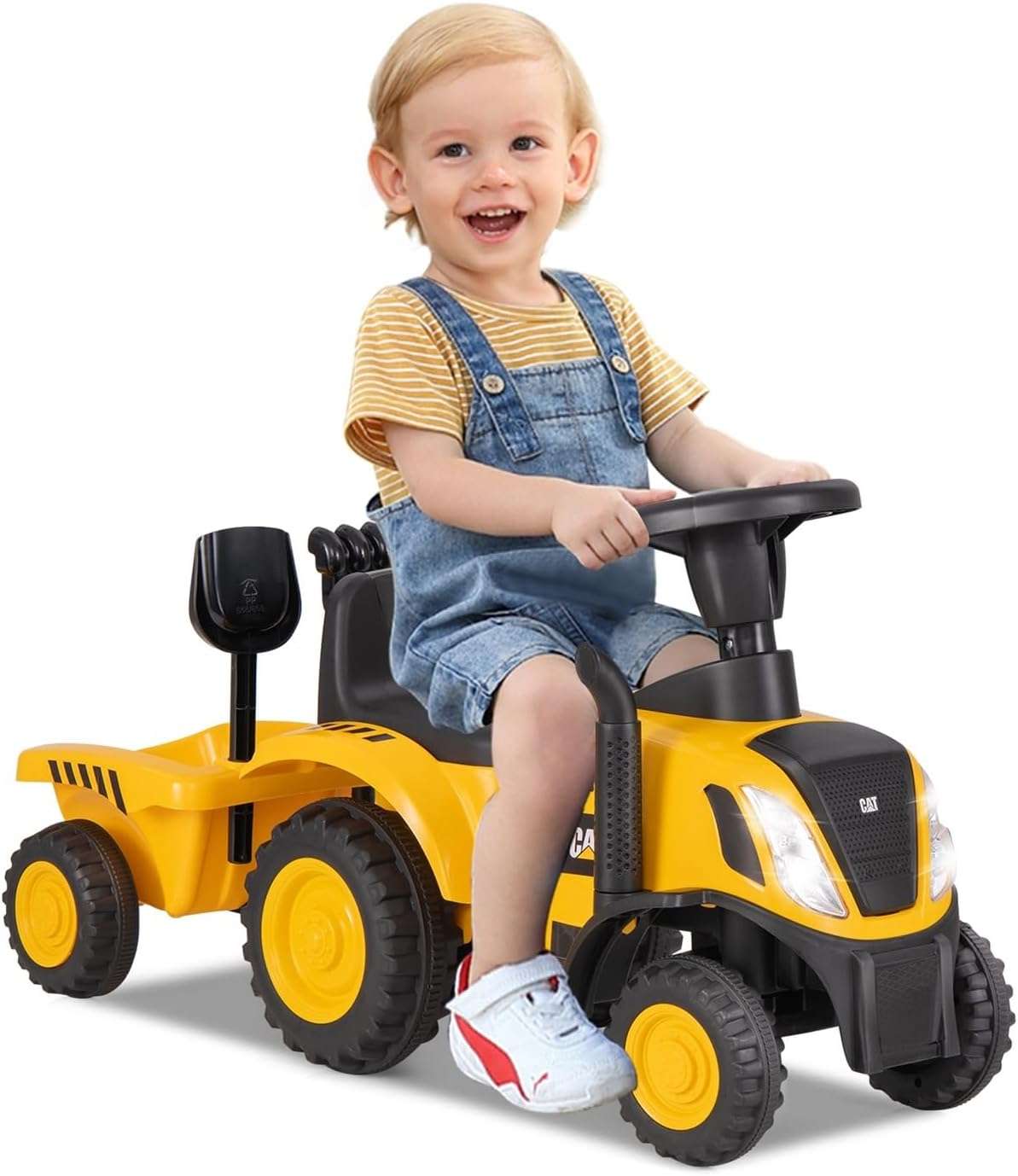 tractor de juguete Caterpillar con remolque desmontable, pala y luces para niños