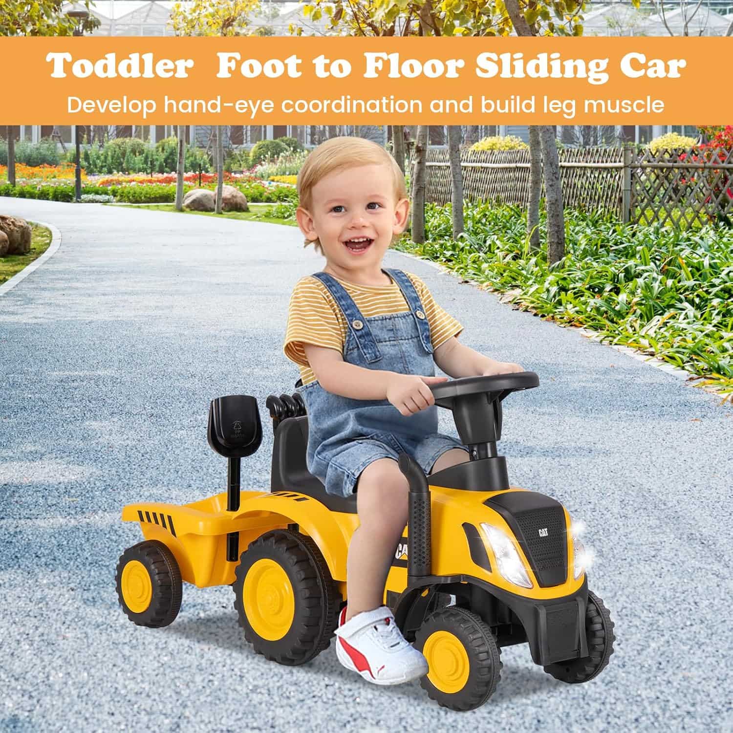 tractor de juguete Caterpillar con remolque desmontable, pala y luces para niños