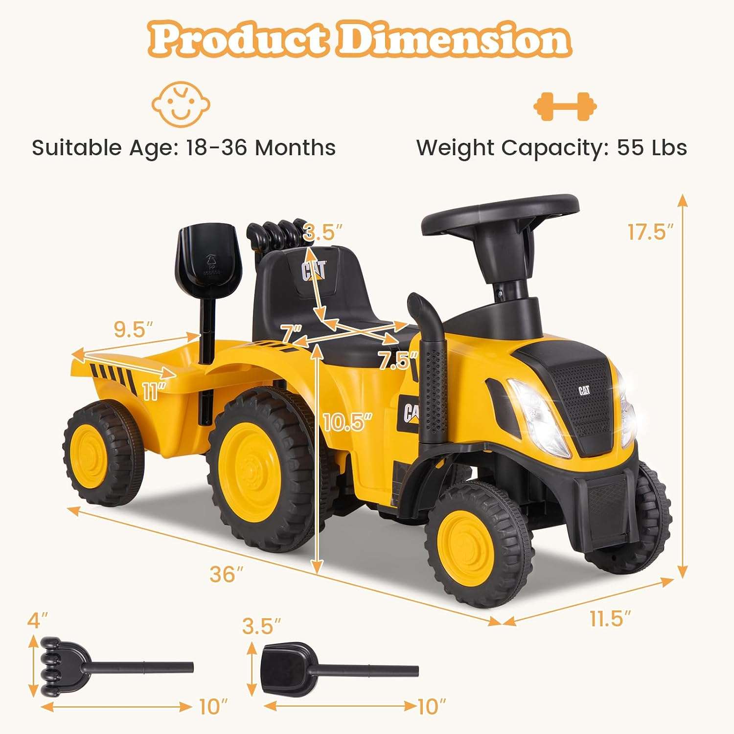 tractor de juguete Caterpillar con remolque desmontable, pala y luces para niños
