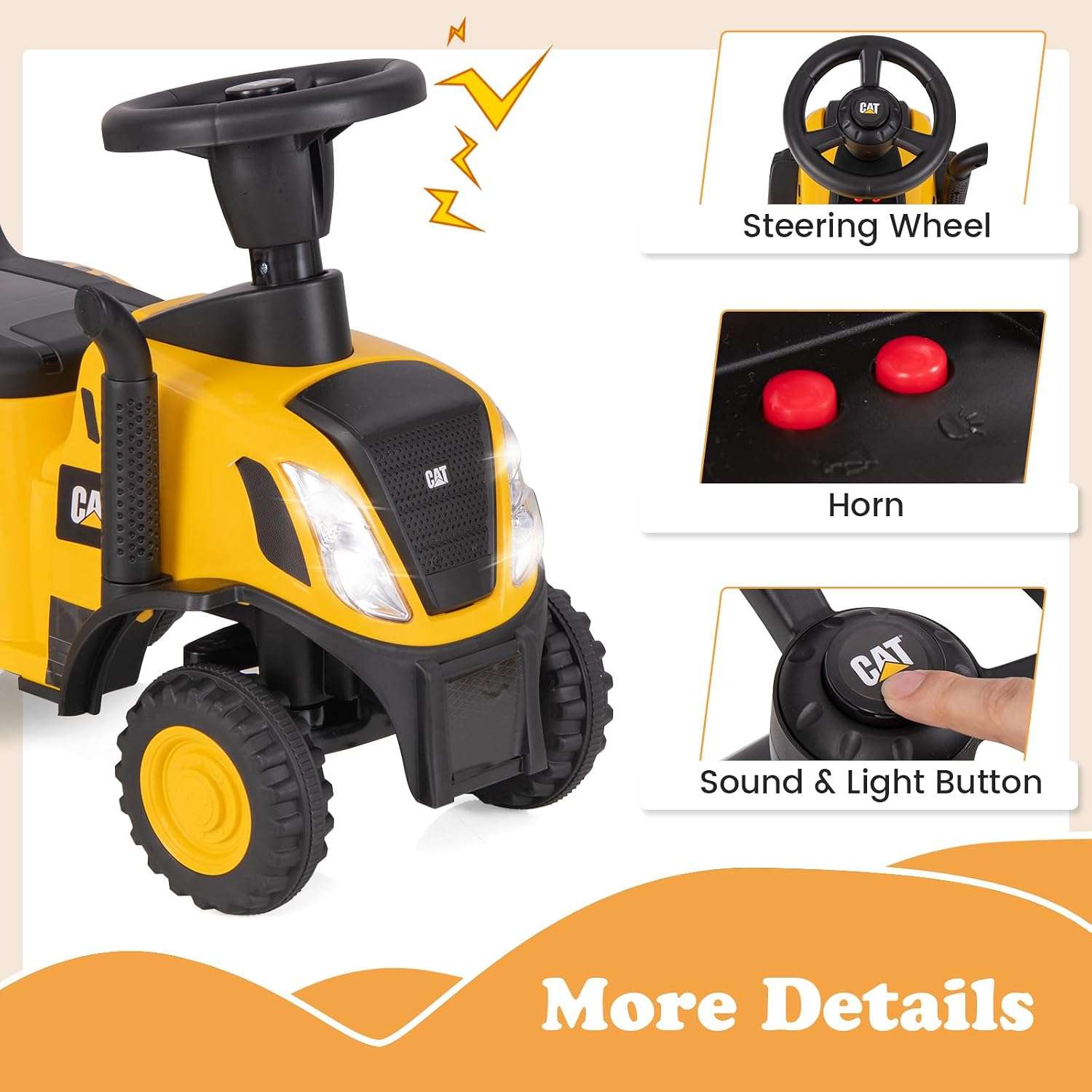 tractor de juguete Caterpillar con remolque desmontable, pala y luces para niños