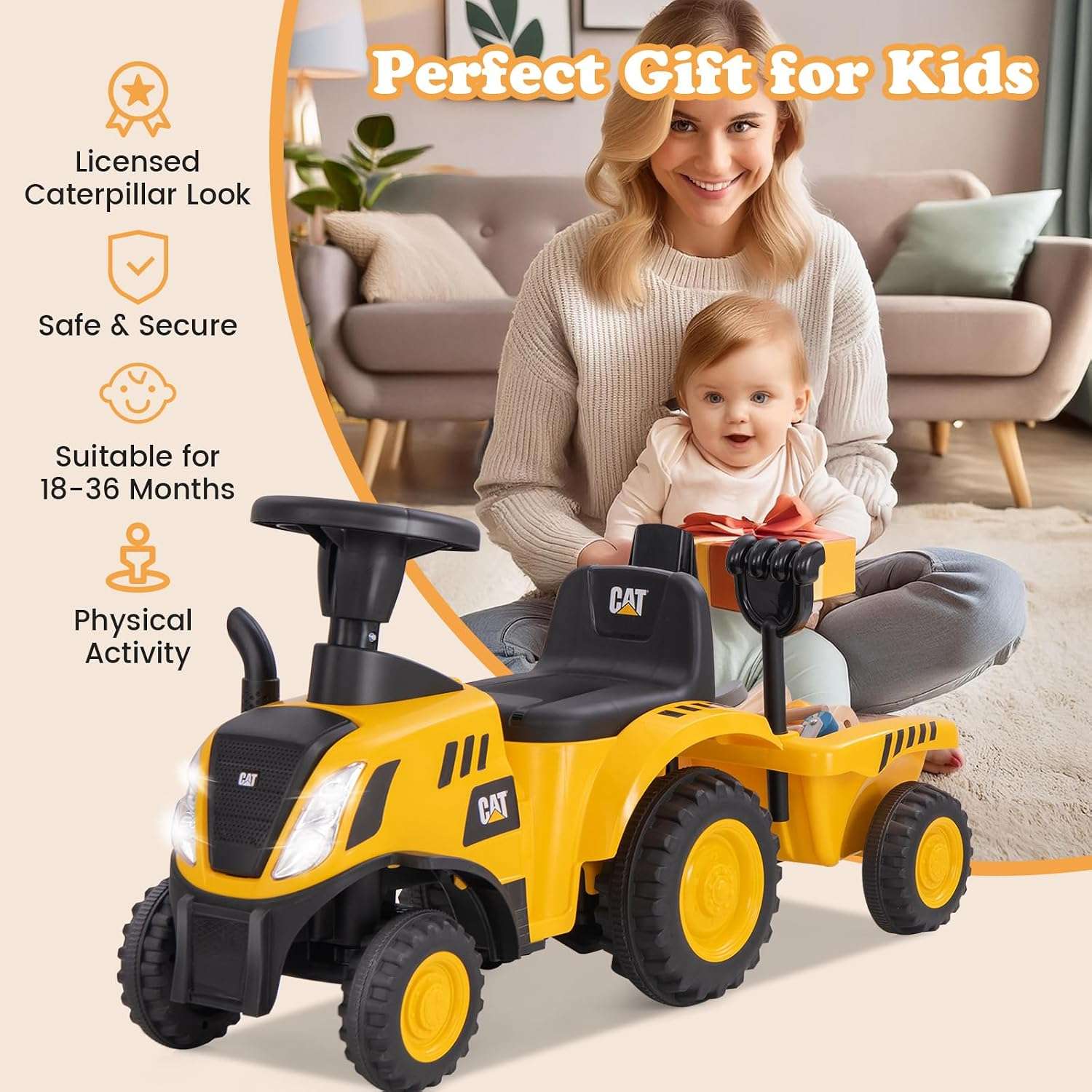 tractor de juguete Caterpillar con remolque desmontable, pala y luces para niños