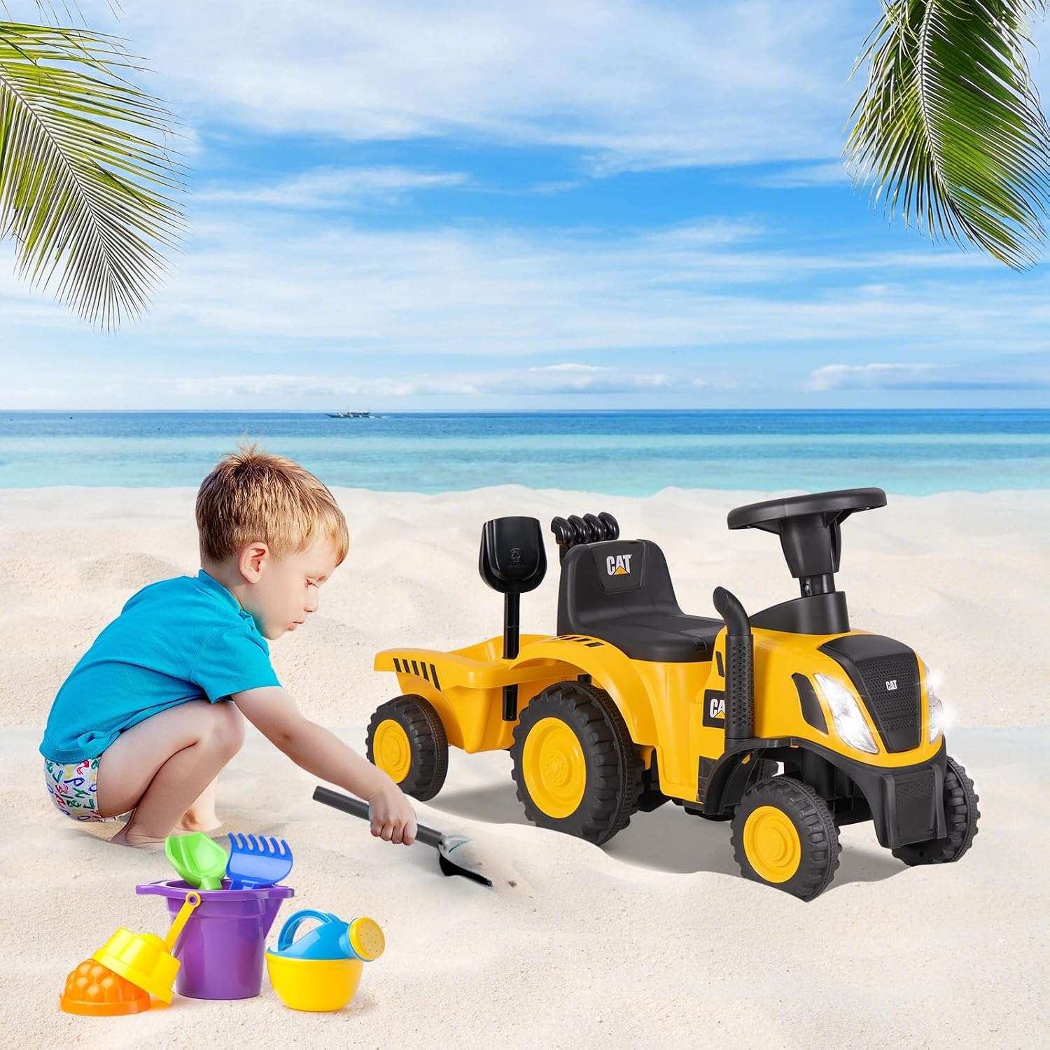 tractor de juguete Caterpillar con remolque desmontable, pala y luces para niños