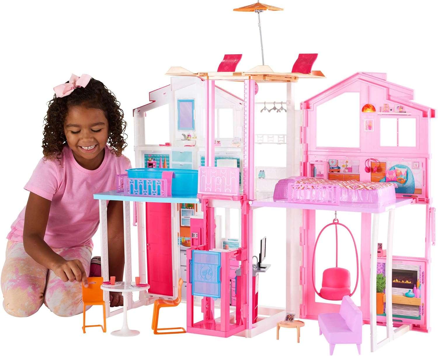 casa de barbie de 3 pisos plegable con ascensor, muebles y terraza