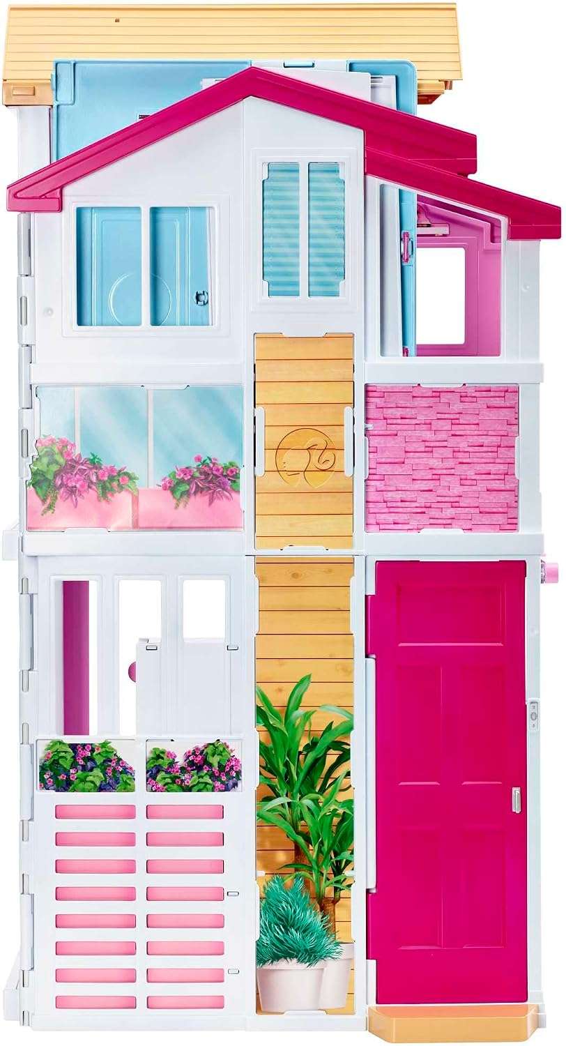 casa de barbie de 3 pisos plegable con ascensor, muebles y terraza