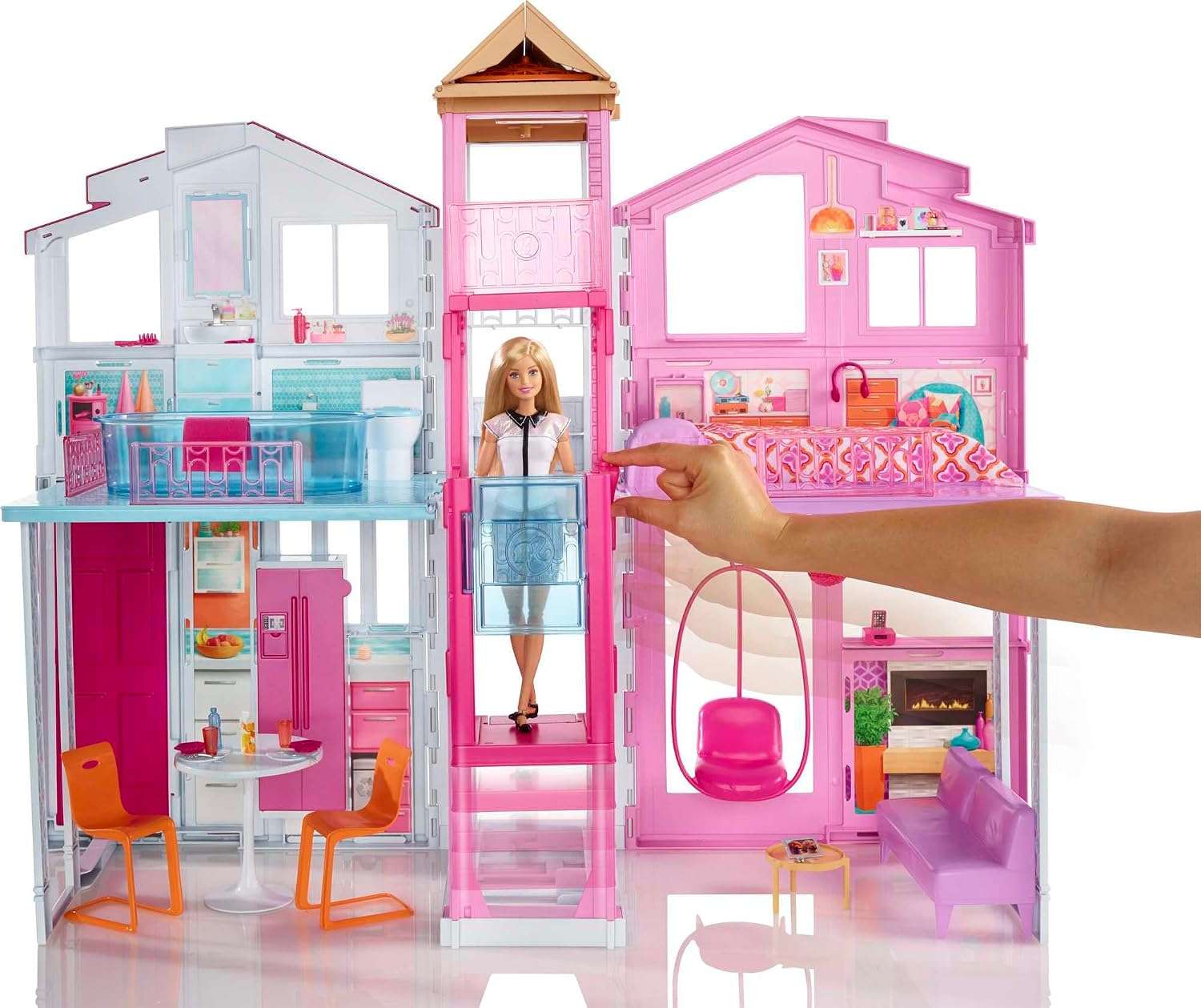 casa de barbie de 3 pisos plegable con ascensor, muebles y terraza