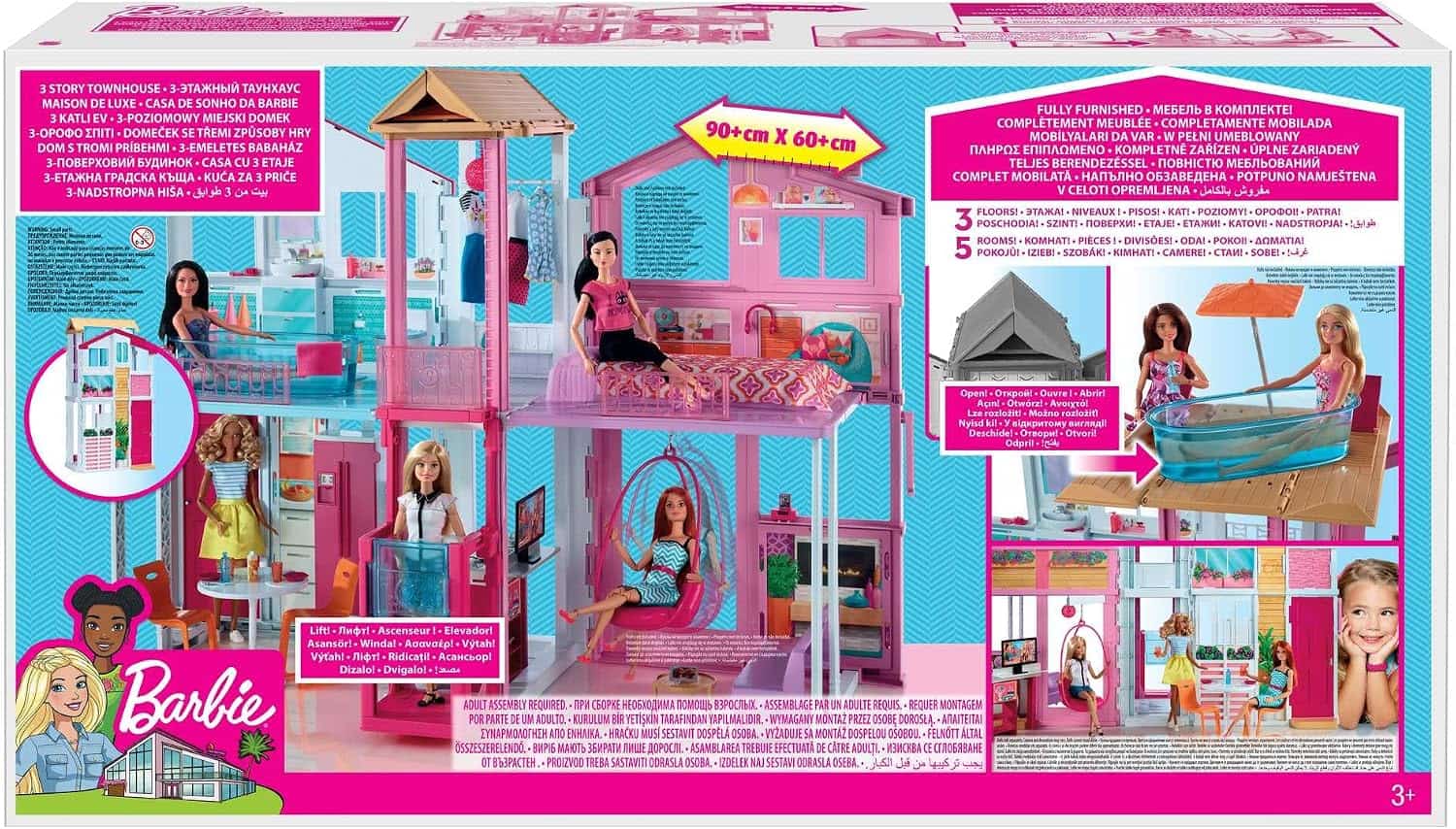 casa de barbie de 3 pisos plegable con ascensor, muebles y terraza