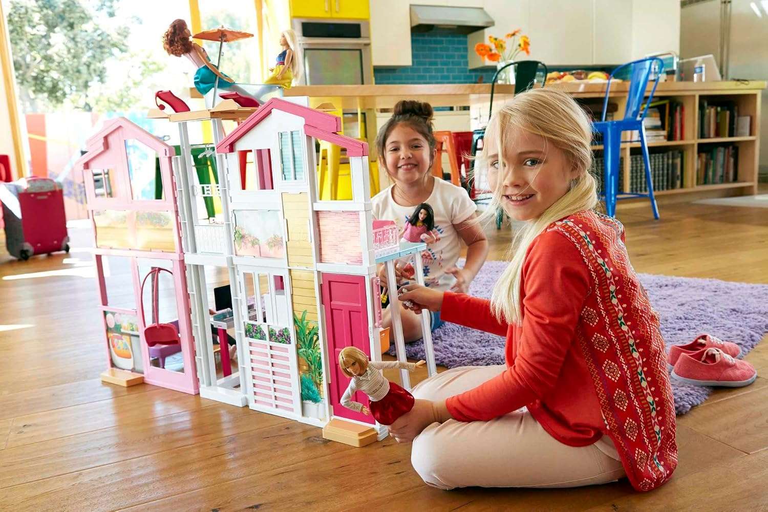 casa de barbie de 3 pisos plegable con ascensor, muebles y terraza
