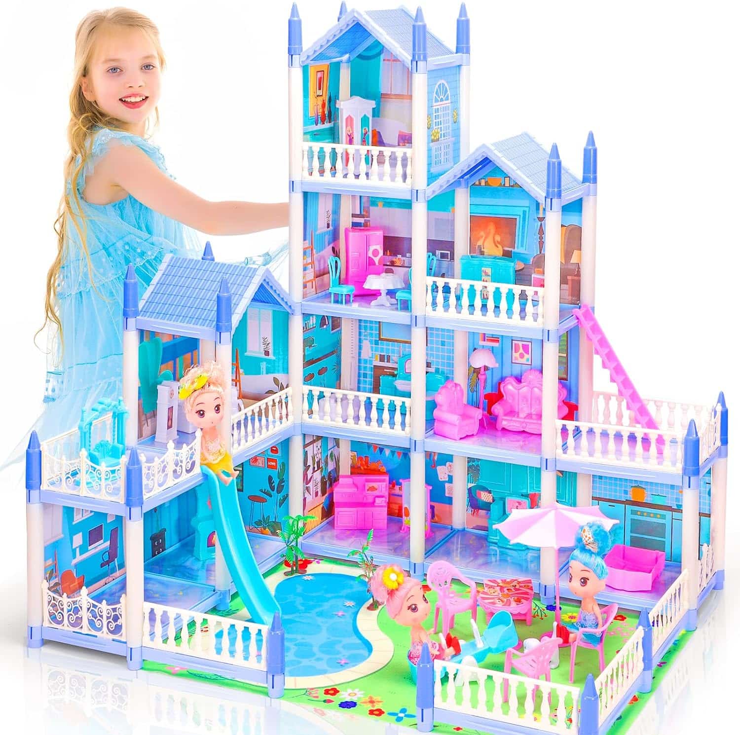 casa de muñecas azul de 4 pisos con piscina, tobogán y luces para niños