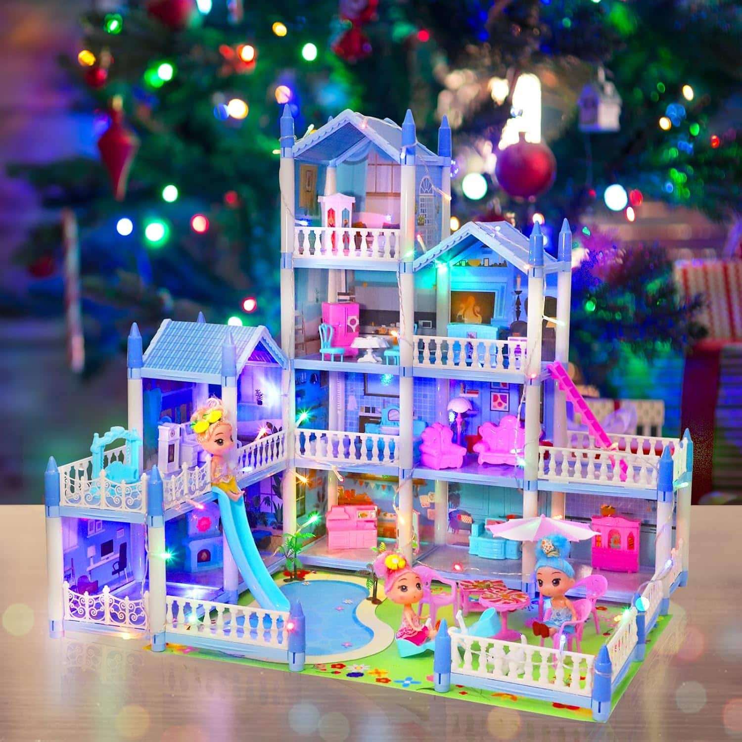 casa de muñecas azul de 4 pisos con piscina, tobogán y luces para niños