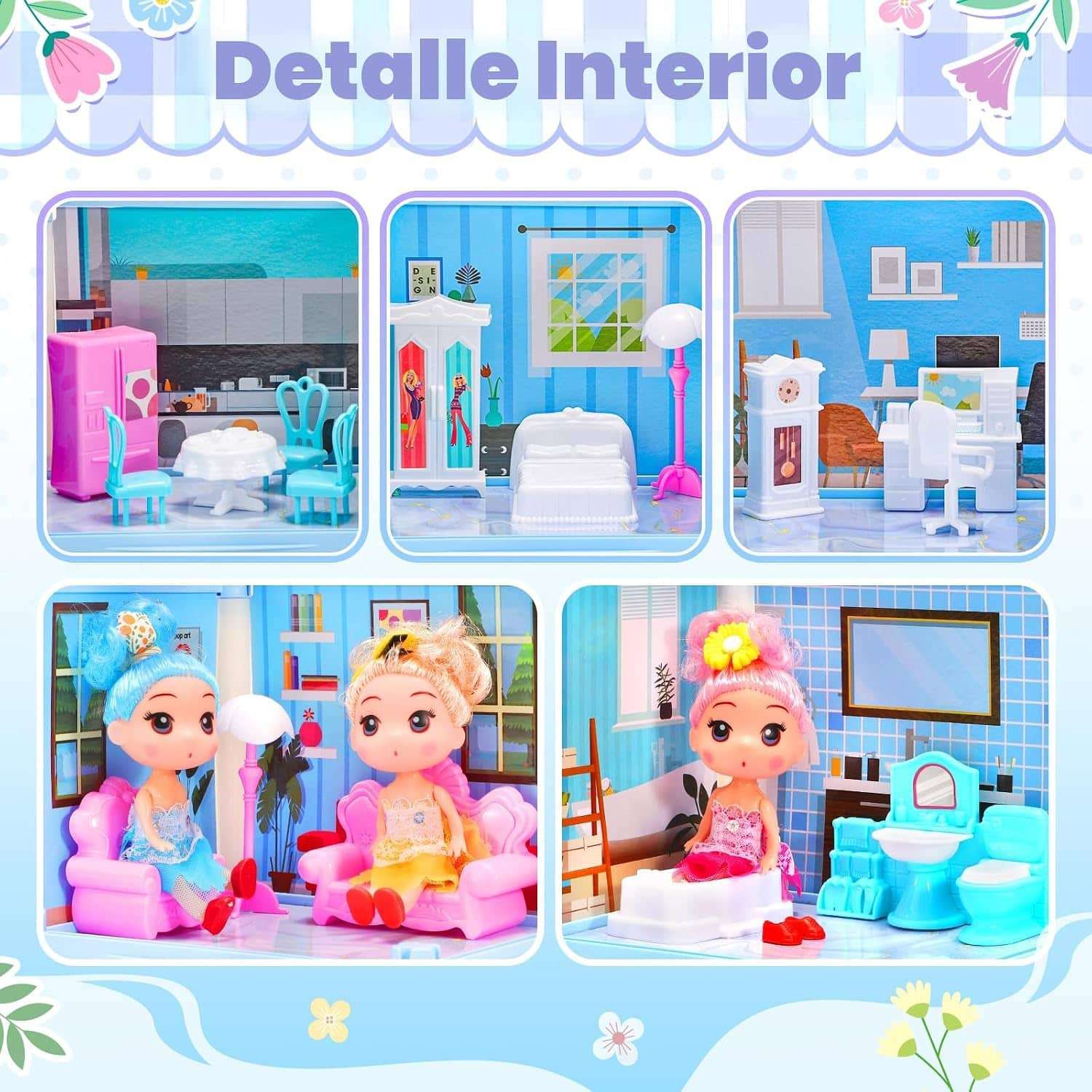 casa de muñecas azul de 4 pisos con piscina, tobogán y luces para niños