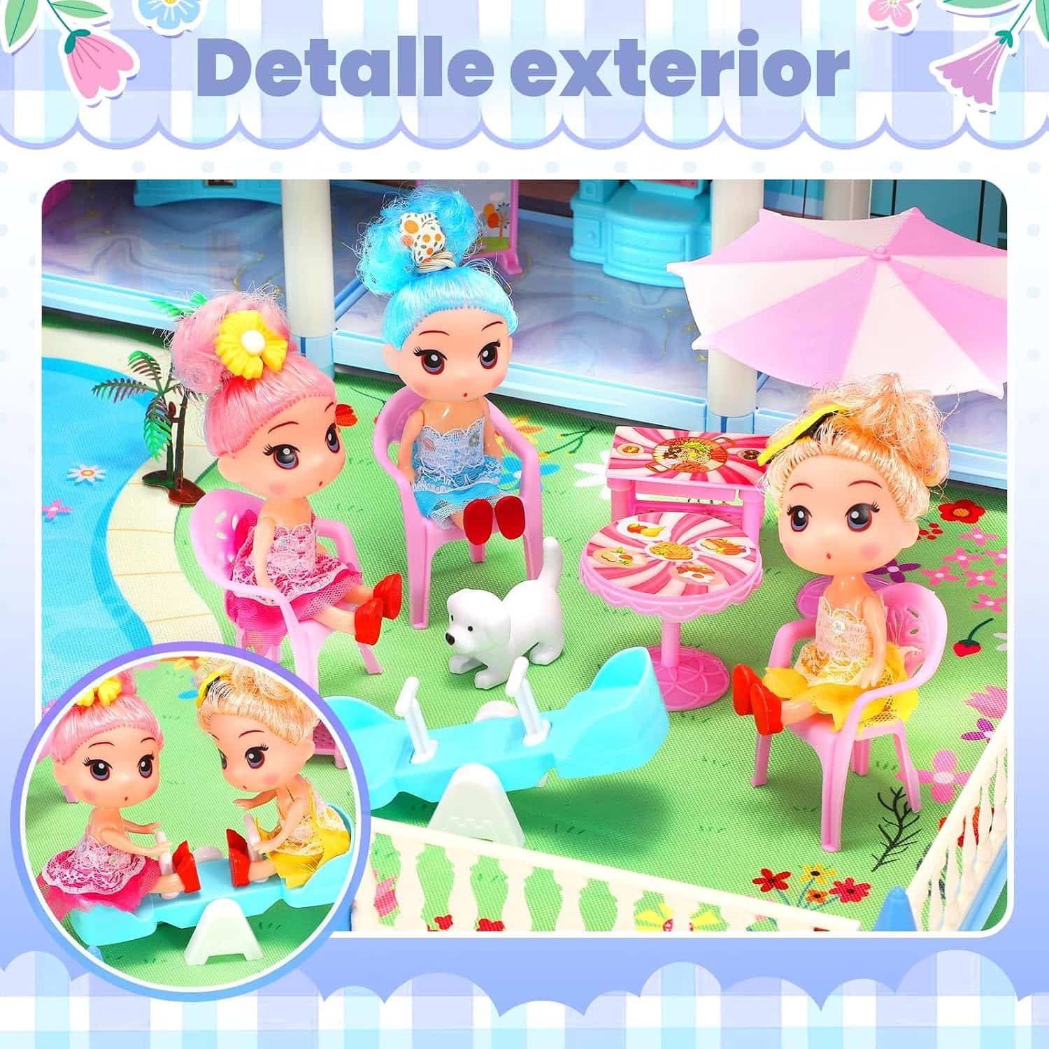 casa de muñecas azul de 4 pisos con piscina, tobogán y luces para niños