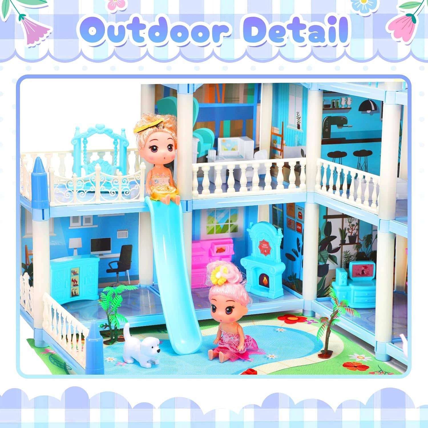 casa de muñecas azul de 4 pisos con piscina, tobogán y luces para niños