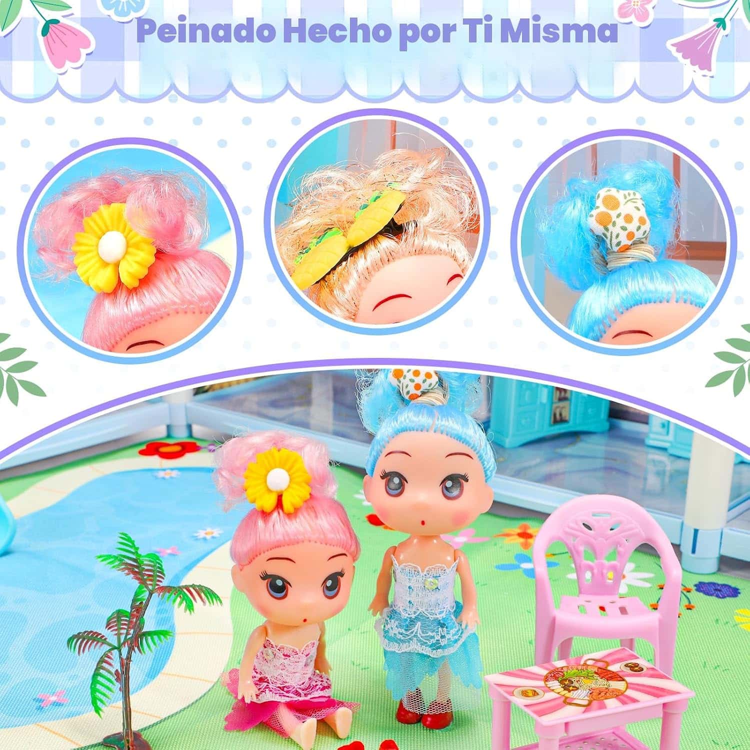 casa de muñecas azul de 4 pisos con piscina, tobogán y luces para niños