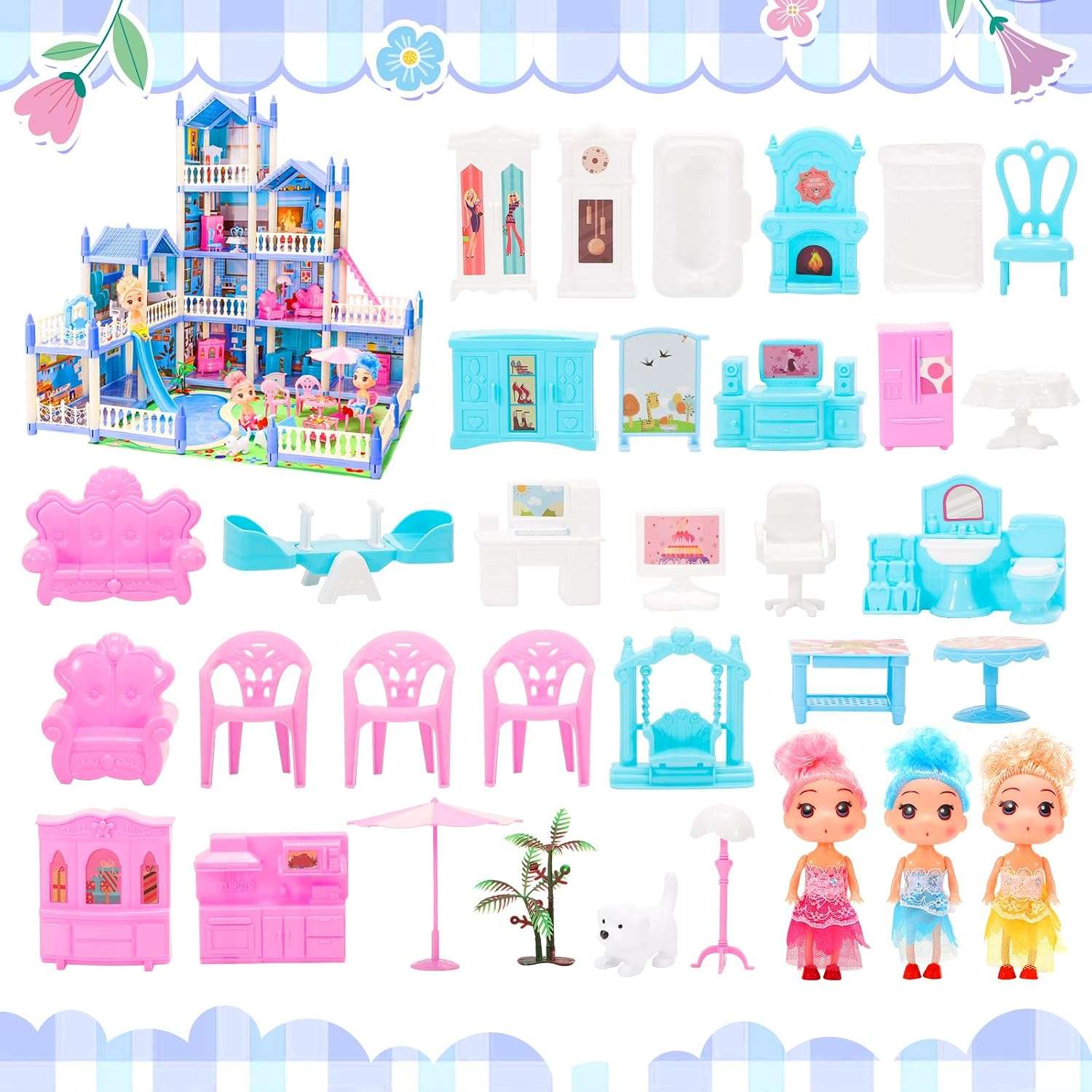 casa de muñecas azul de 4 pisos con piscina, tobogán y luces para niños