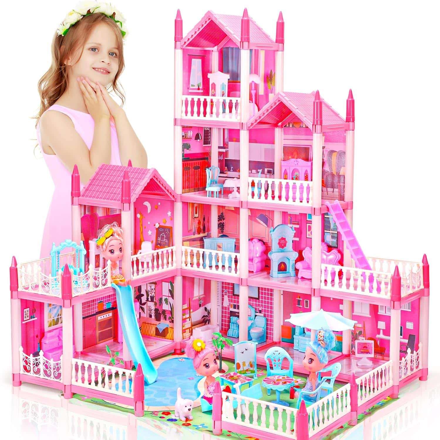 casa de muñecas azul de 4 pisos con piscina, tobogán y luces para niños