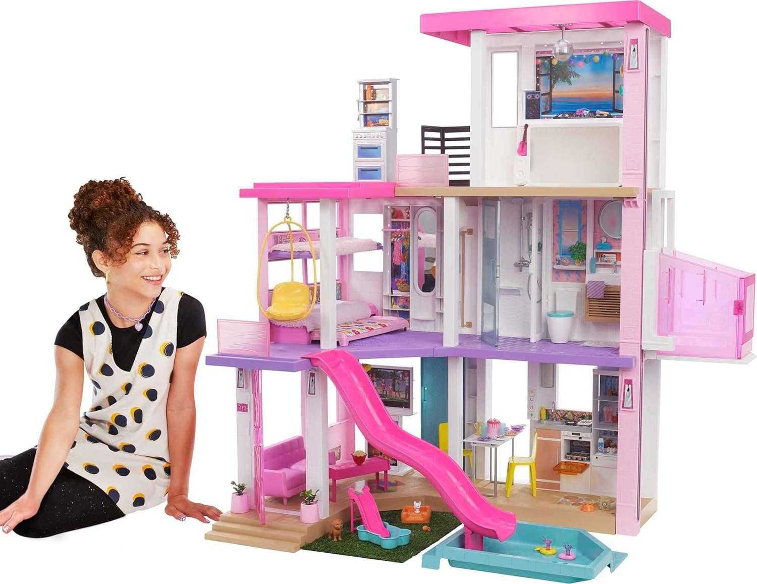 casa de muñecas barbie dreamhouse grande con tobogán, piscina y luces
