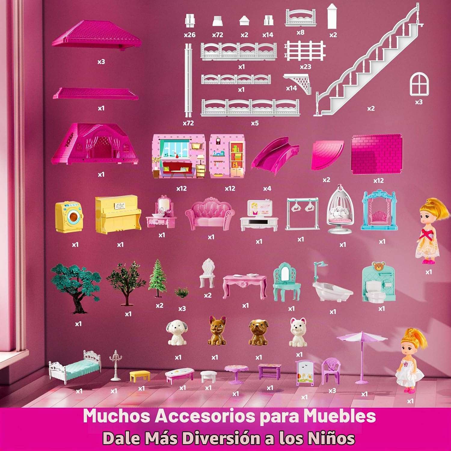 casa de muñecas de 4 pisos y 12 habitaciones con muebles y muñecas para niñas