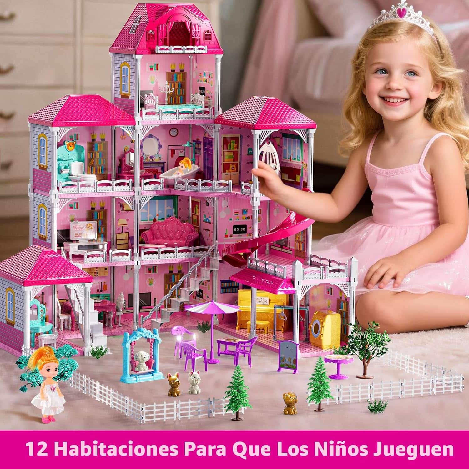 casa de muñecas de 4 pisos y 12 habitaciones con muebles y muñecas para niñas