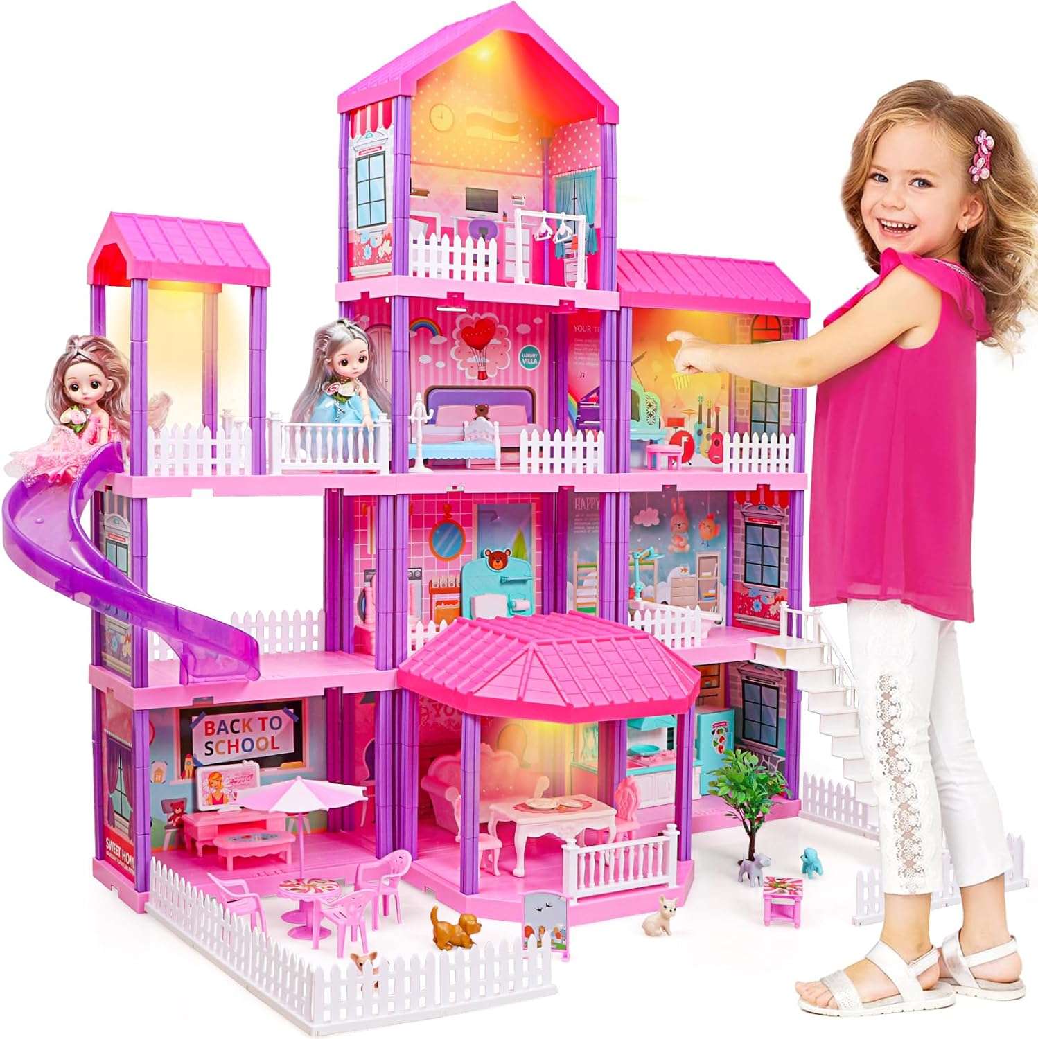 casa de muñecas rosa de 4 pisos con luces LED, muebles y tobogán para niñas
