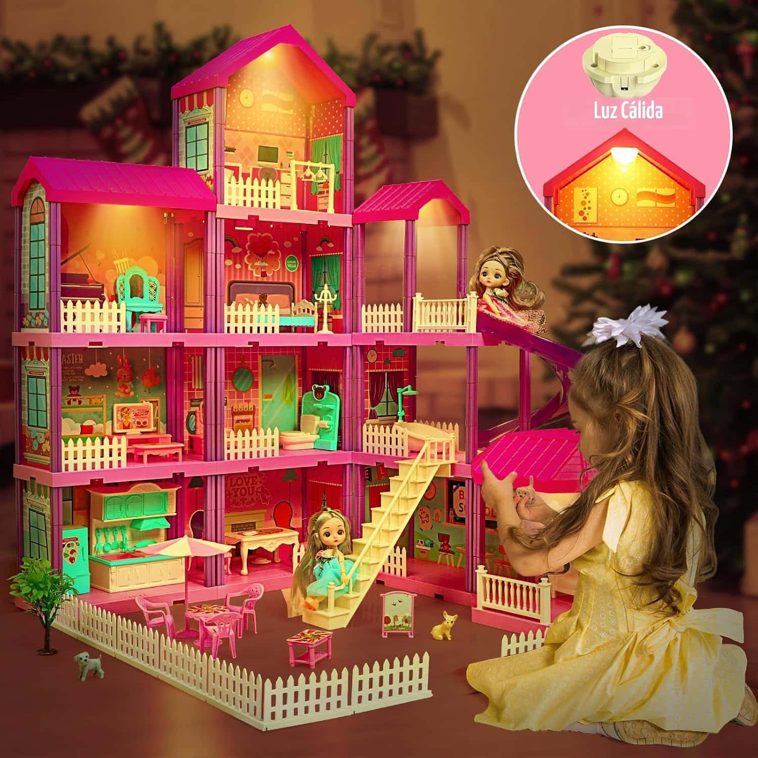 casa de muñecas rosa de 4 pisos con luces LED, muebles y tobogán para niñas