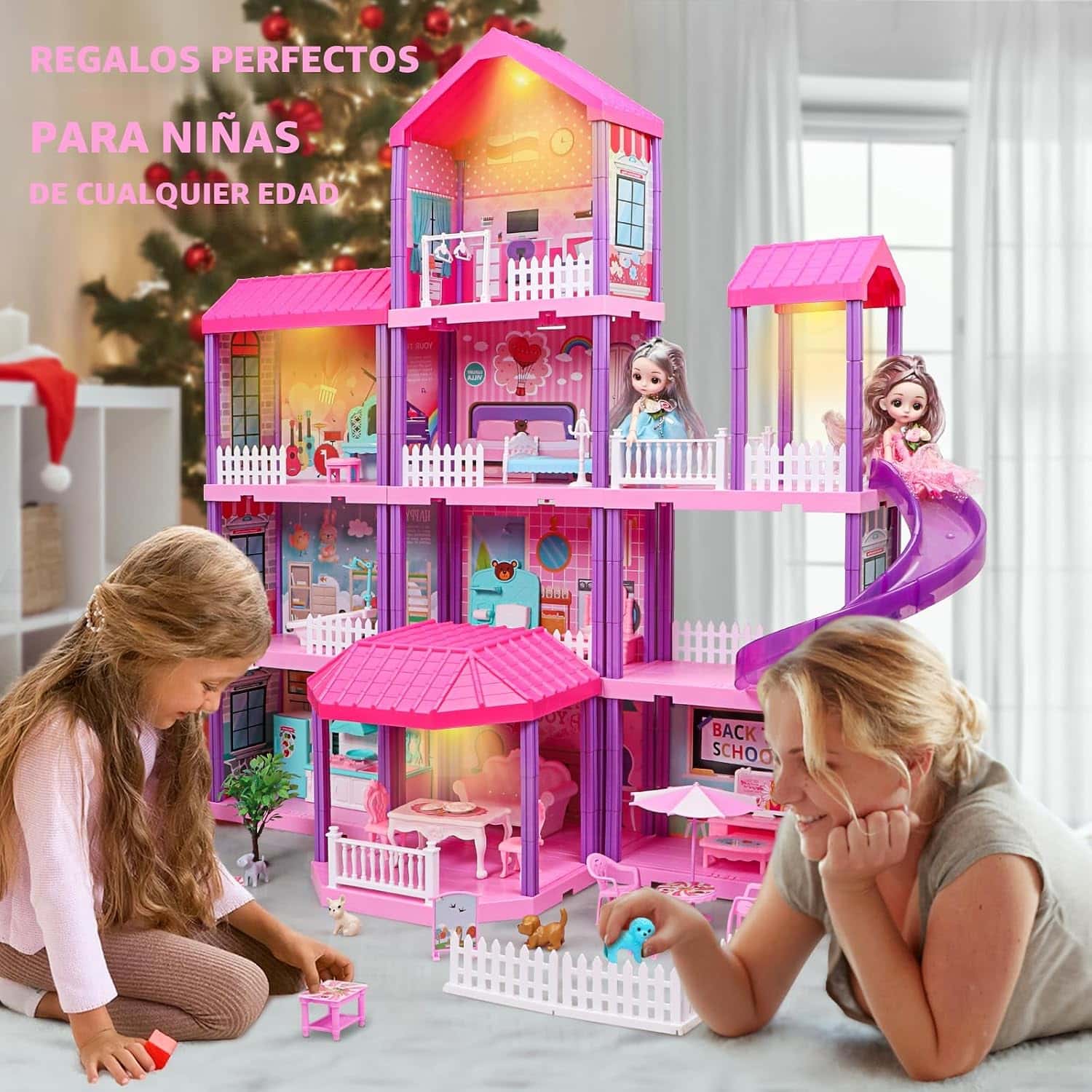 casa de muñecas rosa de 4 pisos con luces LED, muebles y tobogán para niñas