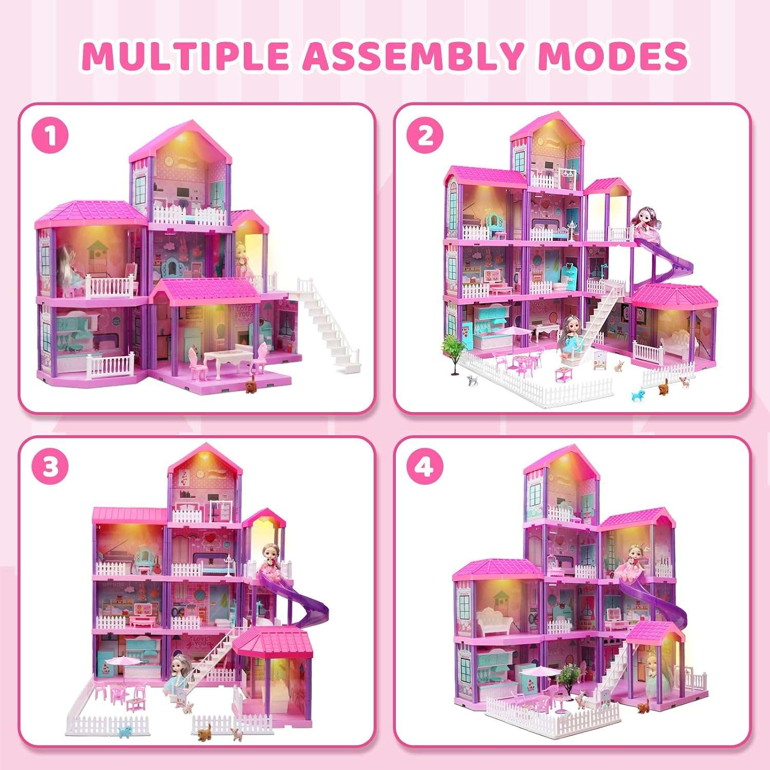 casa de muñecas rosa de 4 pisos con luces LED, muebles y tobogán para niñas