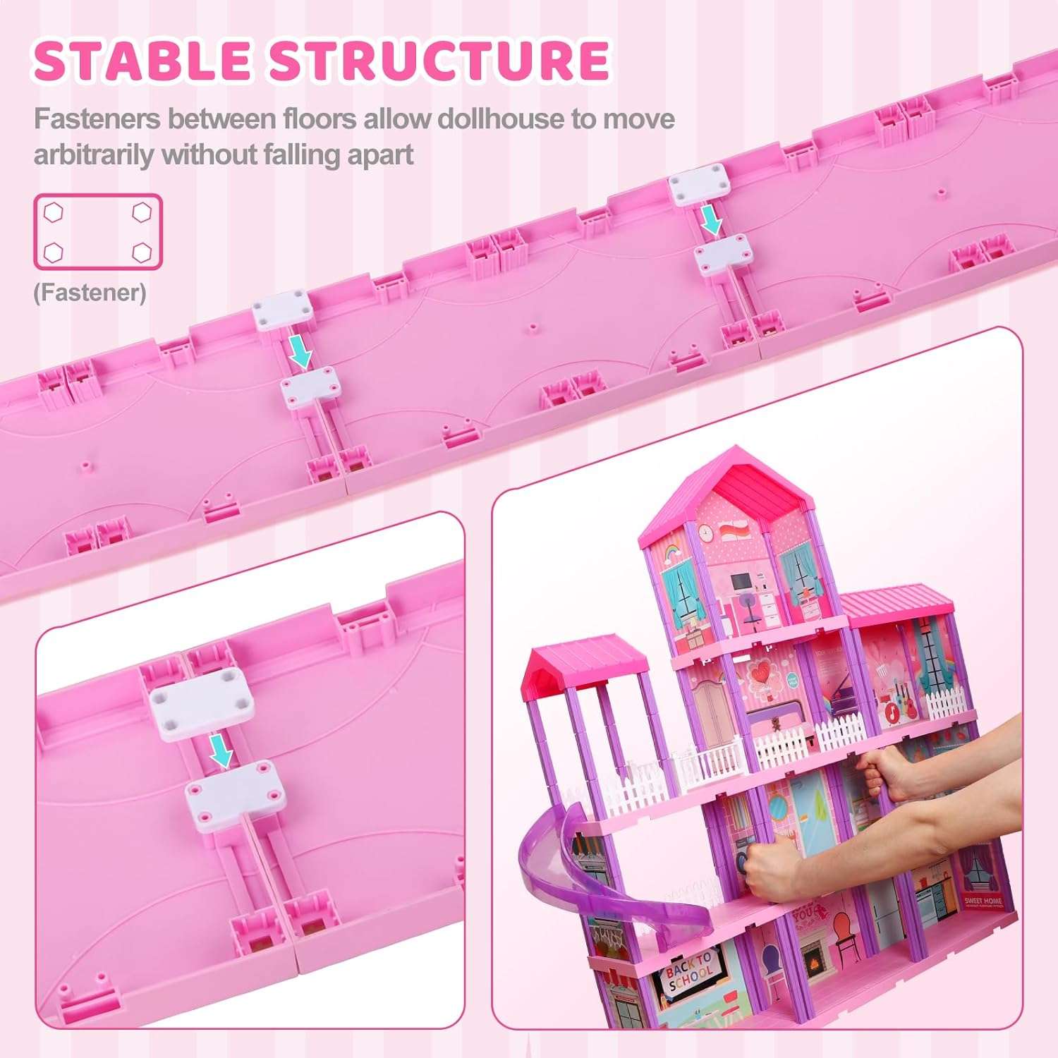 casa de muñecas rosa de 4 pisos con luces LED, muebles y tobogán para niñas
