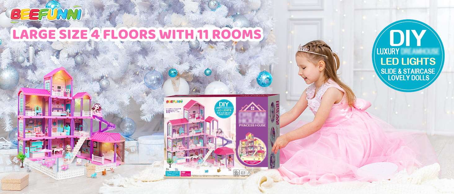 casa de muñecas rosa de 4 pisos con luces LED, muebles y tobogán para niñas