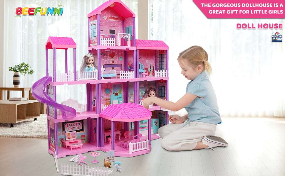casa de muñecas rosa de 4 pisos con luces LED, muebles y tobogán para niñas