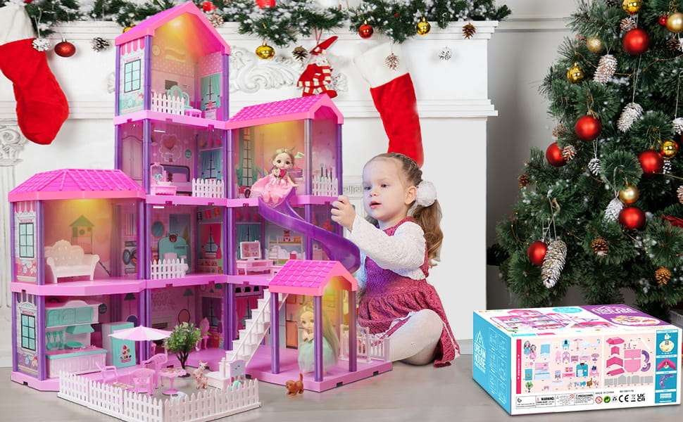casa de muñecas rosa de 4 pisos con luces LED, muebles y tobogán para niñas