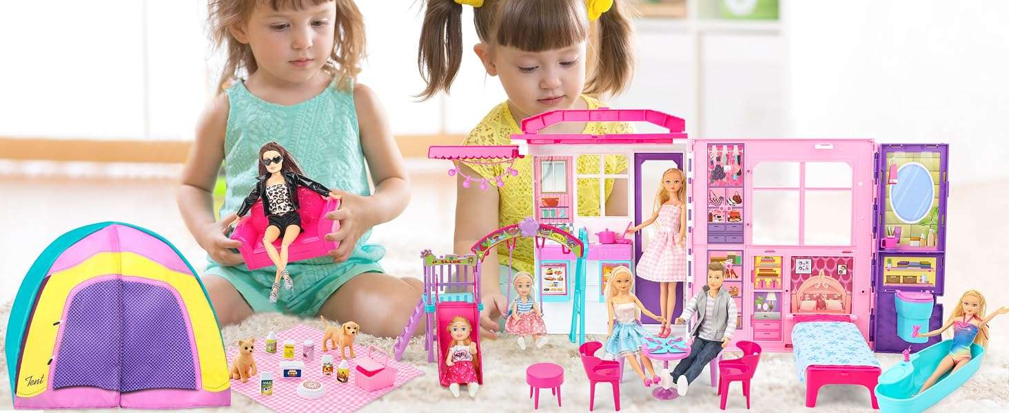 casa de muñecas portátil y plegable con estuche, muebles, accesorios y 2 muñecas