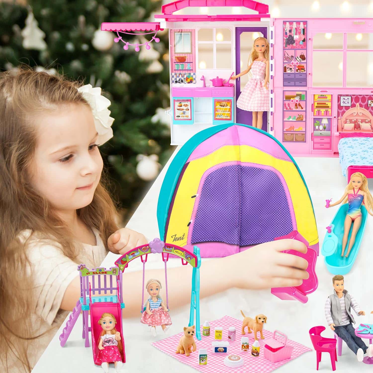 casa de muñecas portátil y plegable con estuche, muebles, accesorios y 2 muñecas
