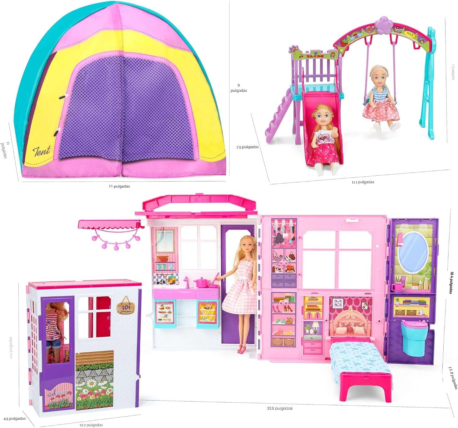 casa de muñecas portátil y plegable con estuche, muebles, accesorios y 2 muñecas