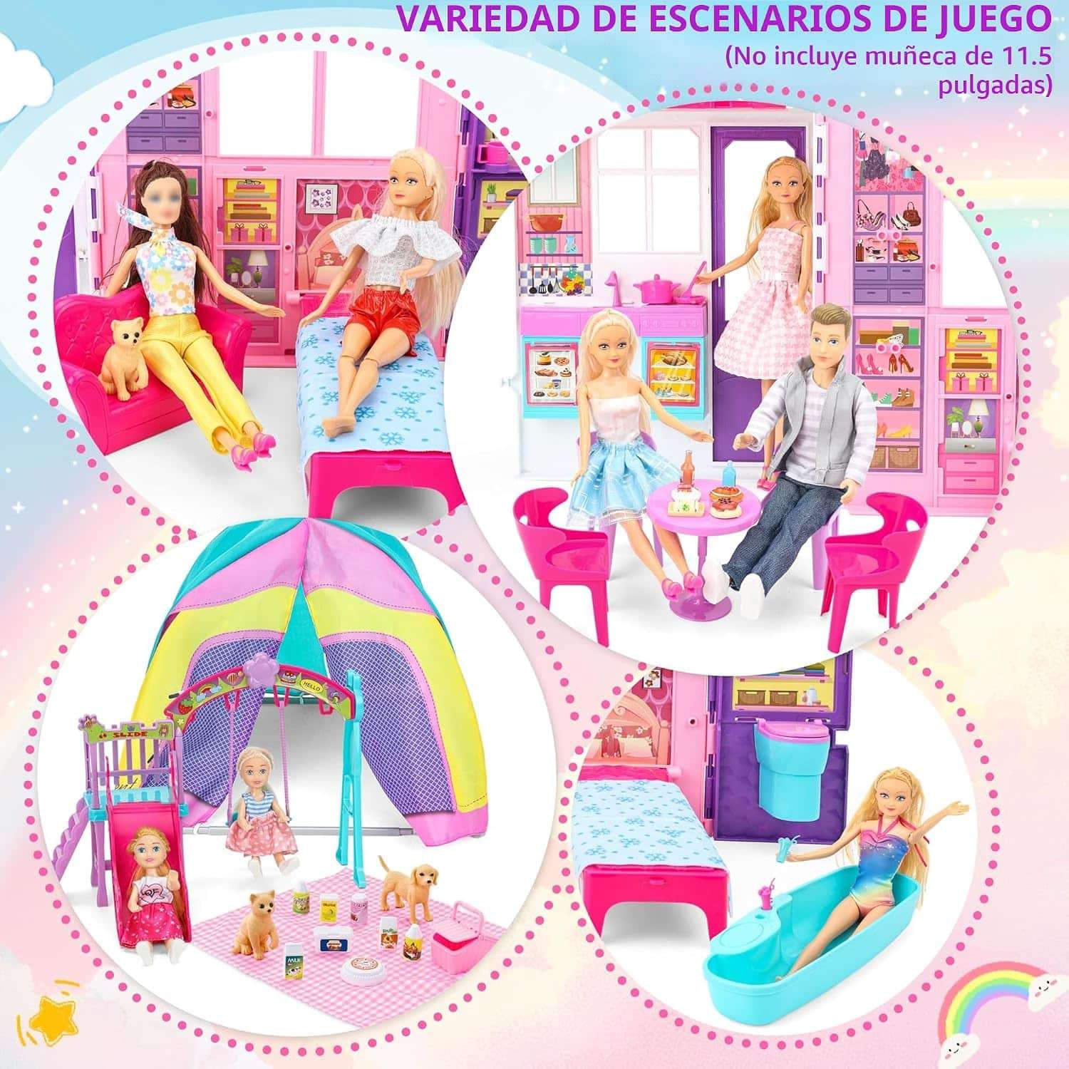 casa de muñecas portátil y plegable con estuche, muebles, accesorios y 2 muñecas