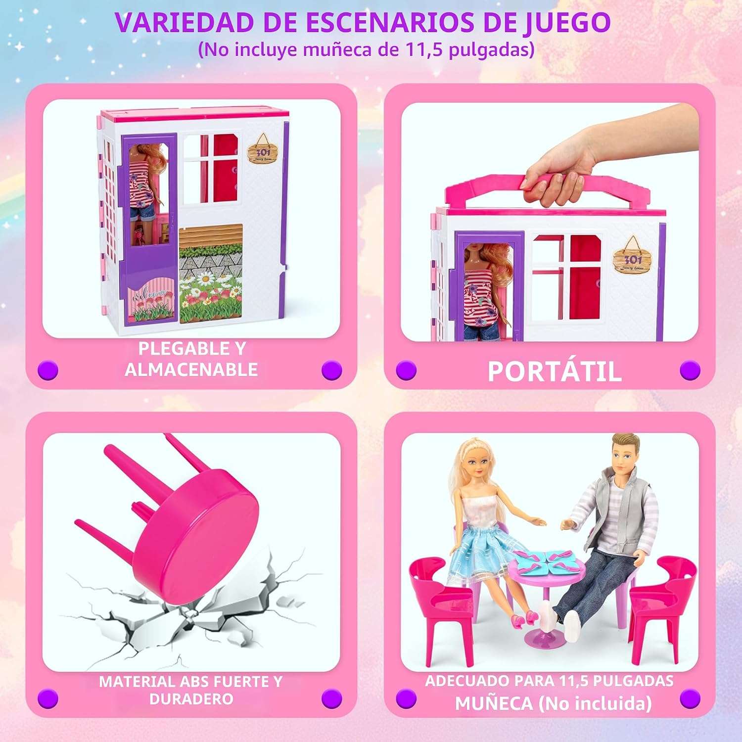 casa de muñecas portátil y plegable con estuche, muebles, accesorios y 2 muñecas
