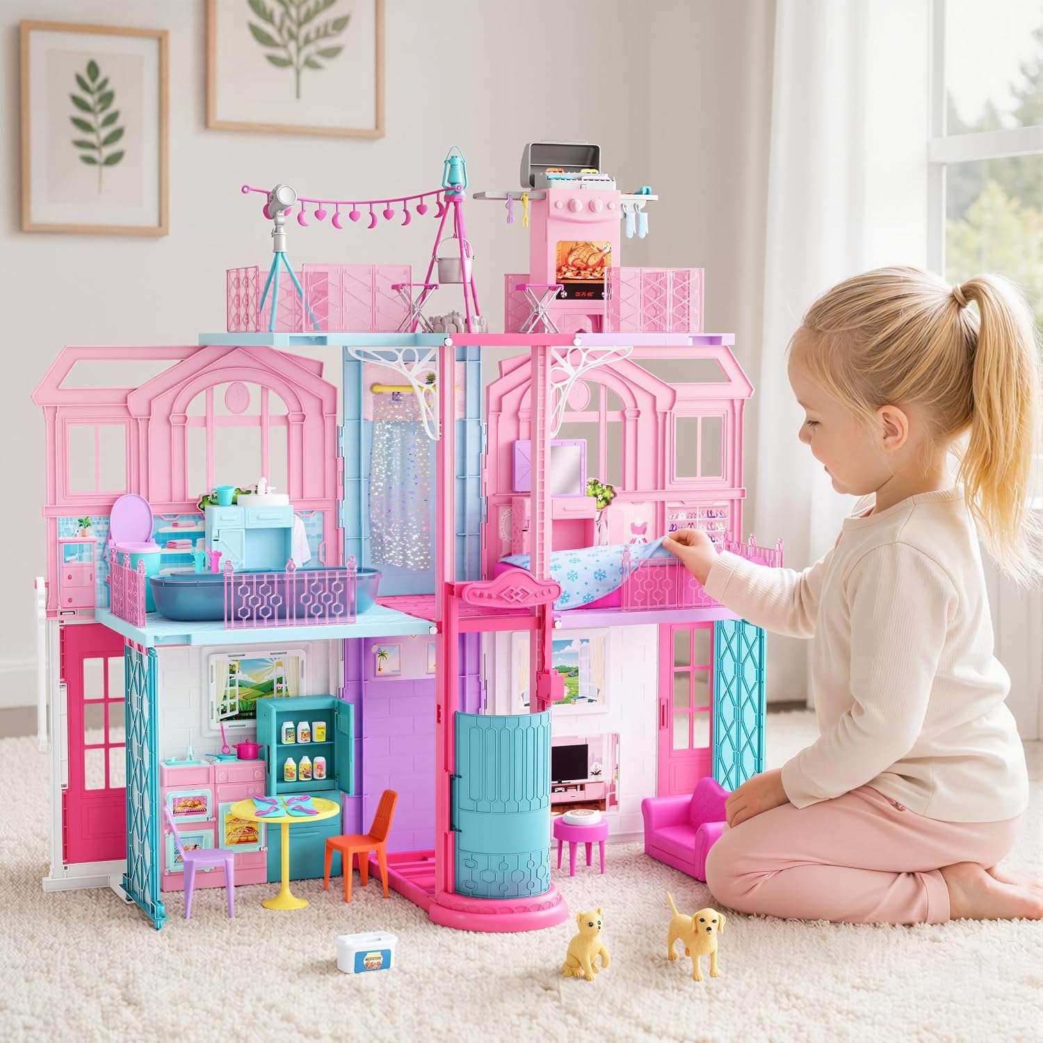 casa de muñecas portátil y plegable con estuche, muebles, accesorios y 2 muñecas