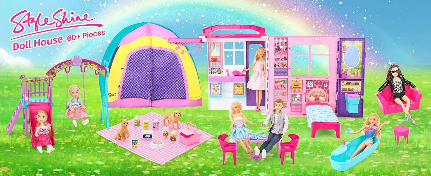 casa de muñecas portátil y plegable con estuche, muebles, accesorios y 2 muñecas