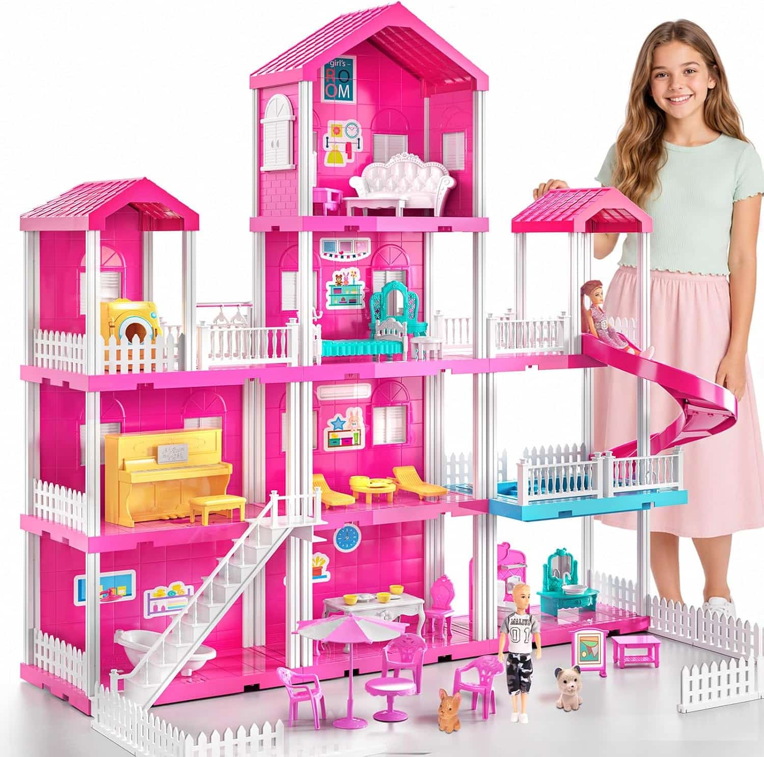 casa de muñecas rosa de 4 pisos y 10 habitaciones con muñecas y muebles para niñas