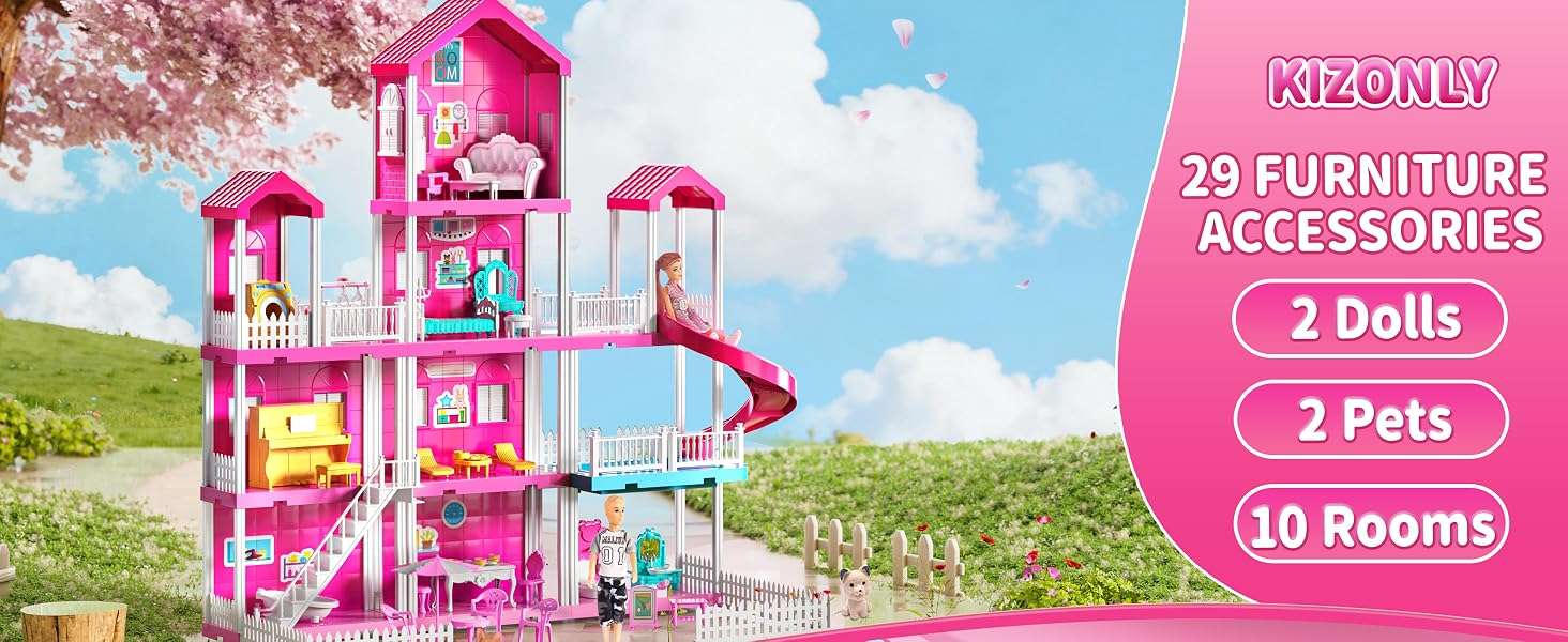 casa de muñecas rosa de 4 pisos y 10 habitaciones con muñecas y muebles para niñas