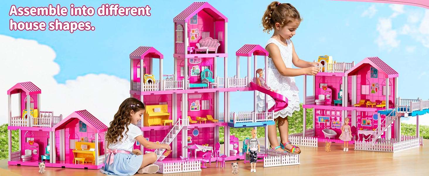 casa de muñecas rosa de 4 pisos y 10 habitaciones con muñecas y muebles para niñas