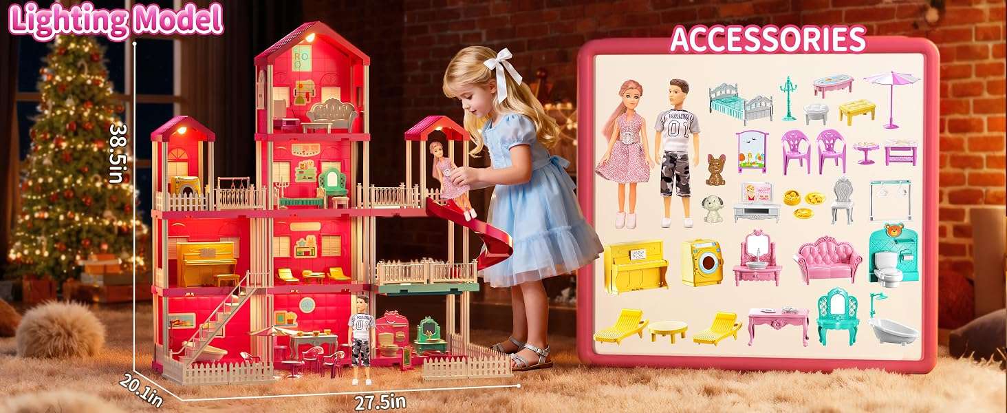 casa de muñecas rosa de 4 pisos y 10 habitaciones con muñecas y muebles para niñas