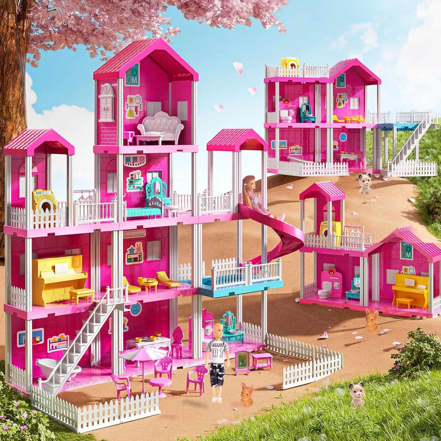 casa de muñecas rosa de 4 pisos y 10 habitaciones con muñecas y muebles para niñas