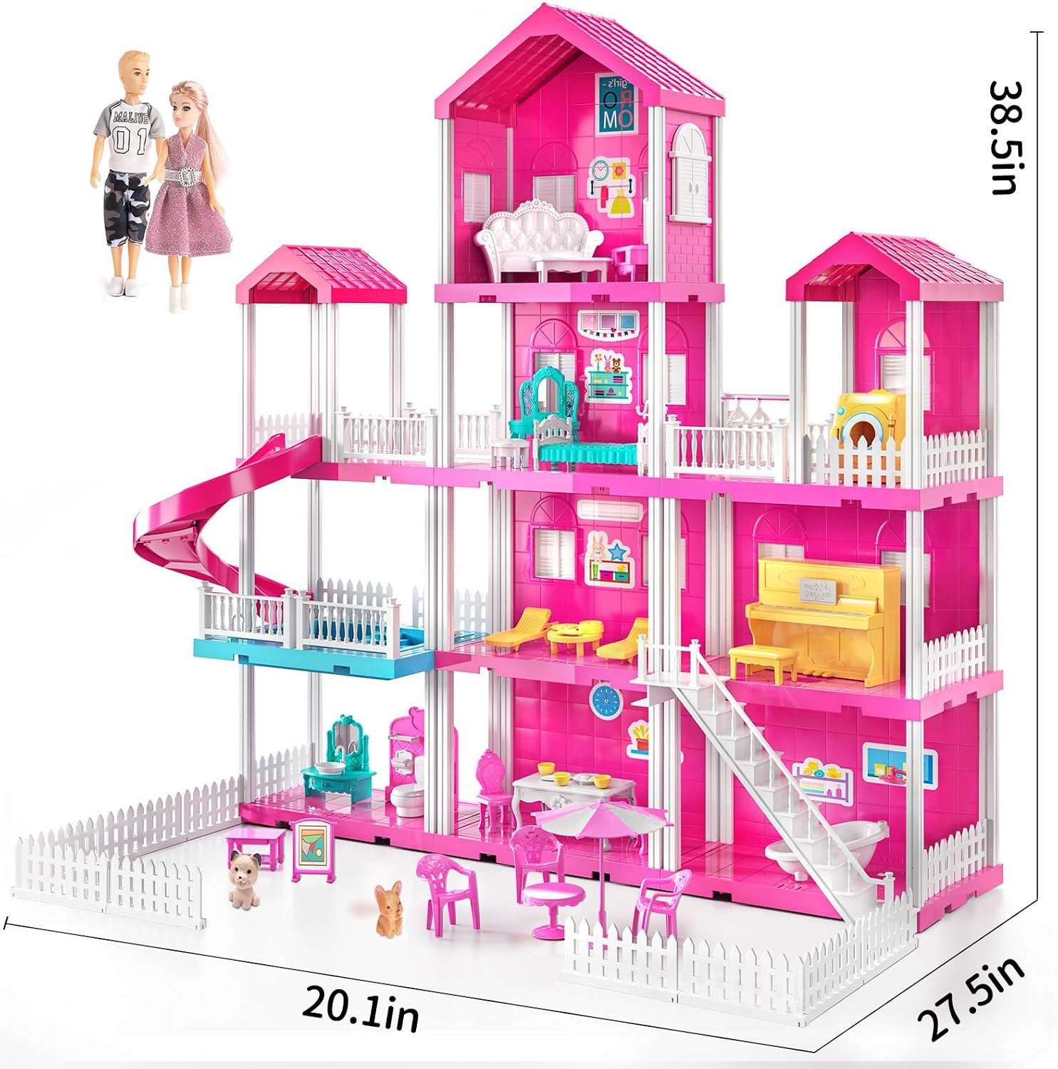 casa de muñecas rosa de 4 pisos y 10 habitaciones con muñecas y muebles para niñas