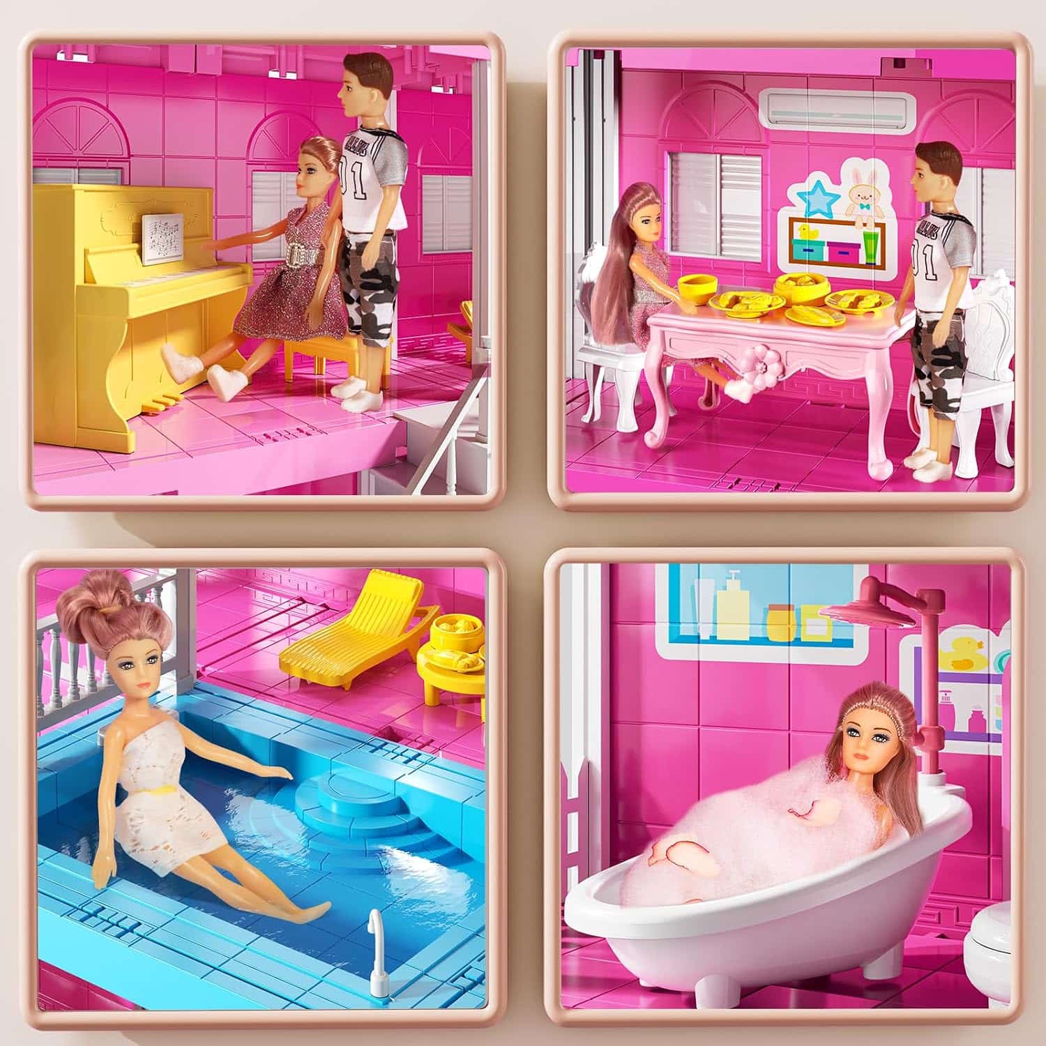casa de muñecas rosa de 4 pisos y 10 habitaciones con muñecas y muebles para niñas